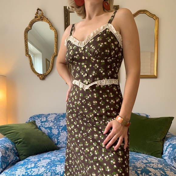 🇬🇧 Vintage Peasant Maxi Dress Bohemian Floral XS gypsy queen 60s 70s Brown - Picture 6 of 10